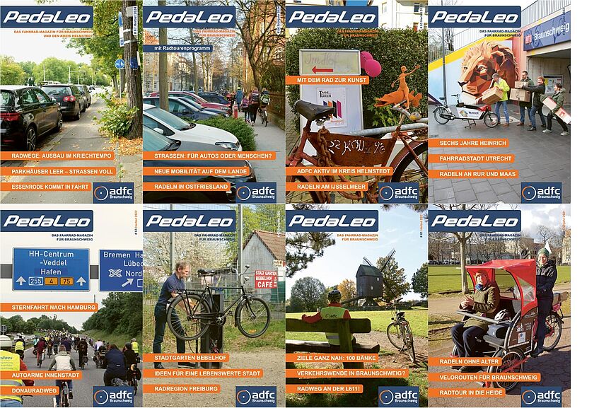 PedaLeo Titel-Collage Eine Collage aus 8 Titelseiten des Fahrradmagazins PedaLeo